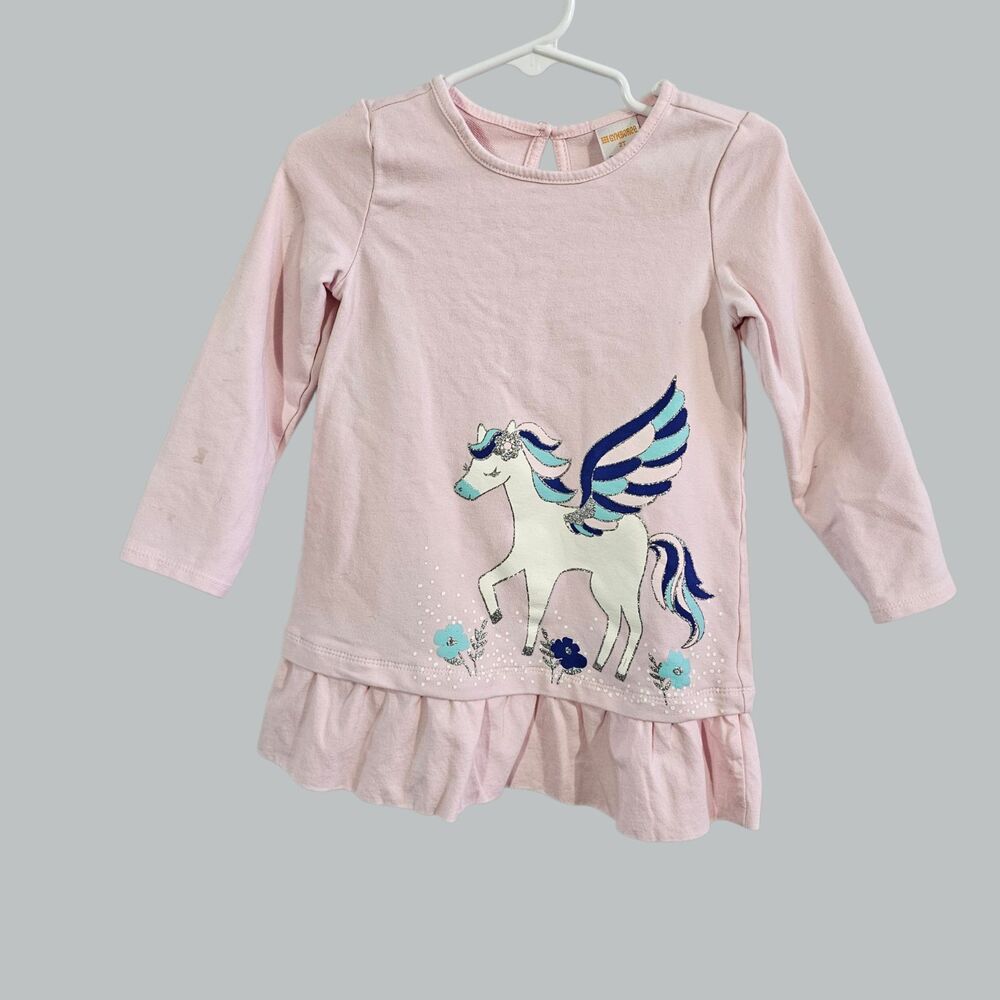 Gymboree Toddler Girls Pink Long Sleeve Pegasus Unicorn Ruffle Hem Dress 2T